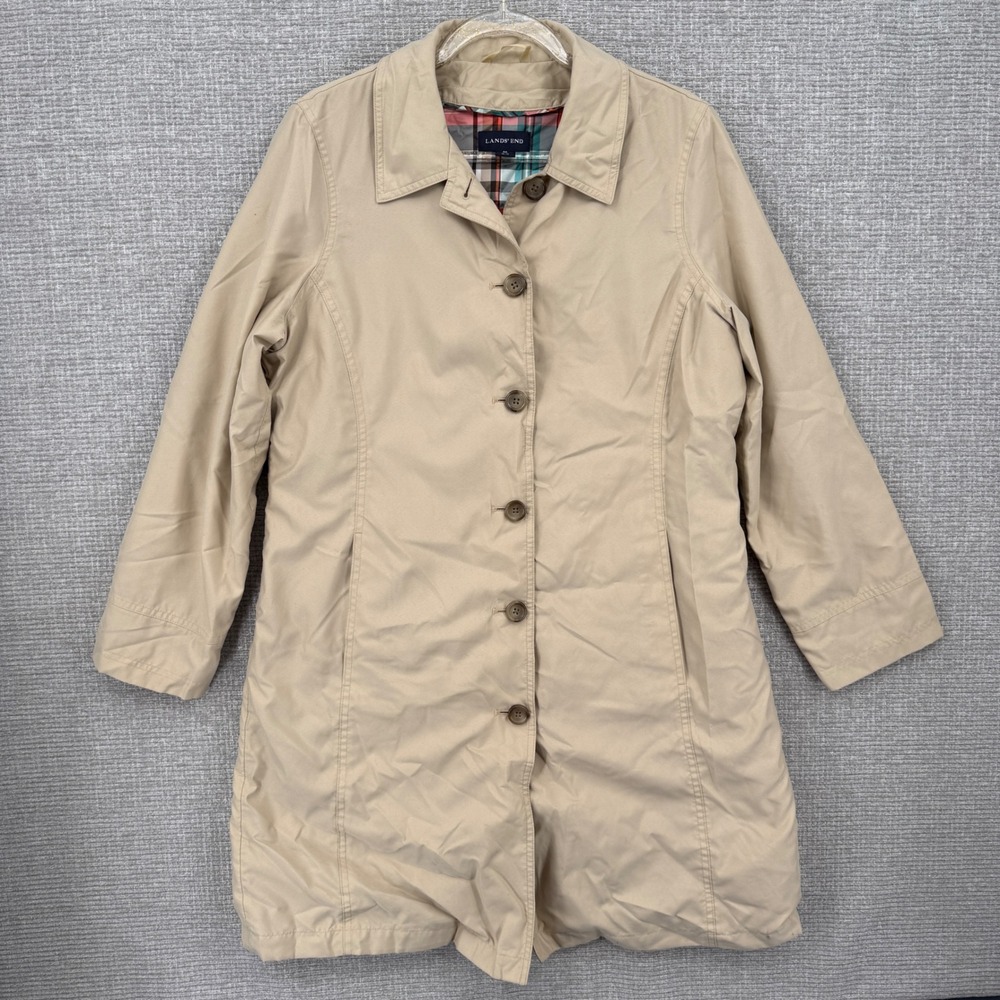 Lands' End Women's M 10-12 Trench Coat Beige Rain Jacket W/ Full Zip In Lining